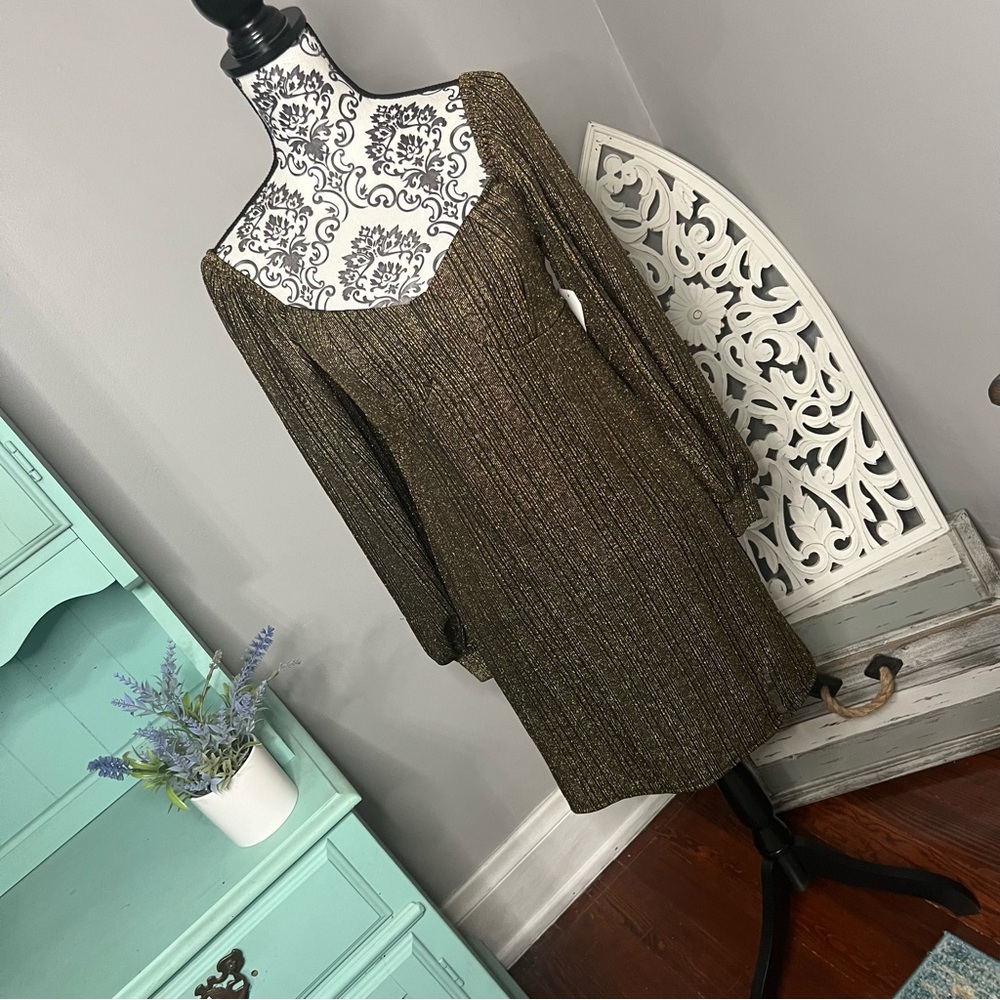 And Now This Gold Metallic Off Shoulder Long Sleeve Mini Dress Size Medium